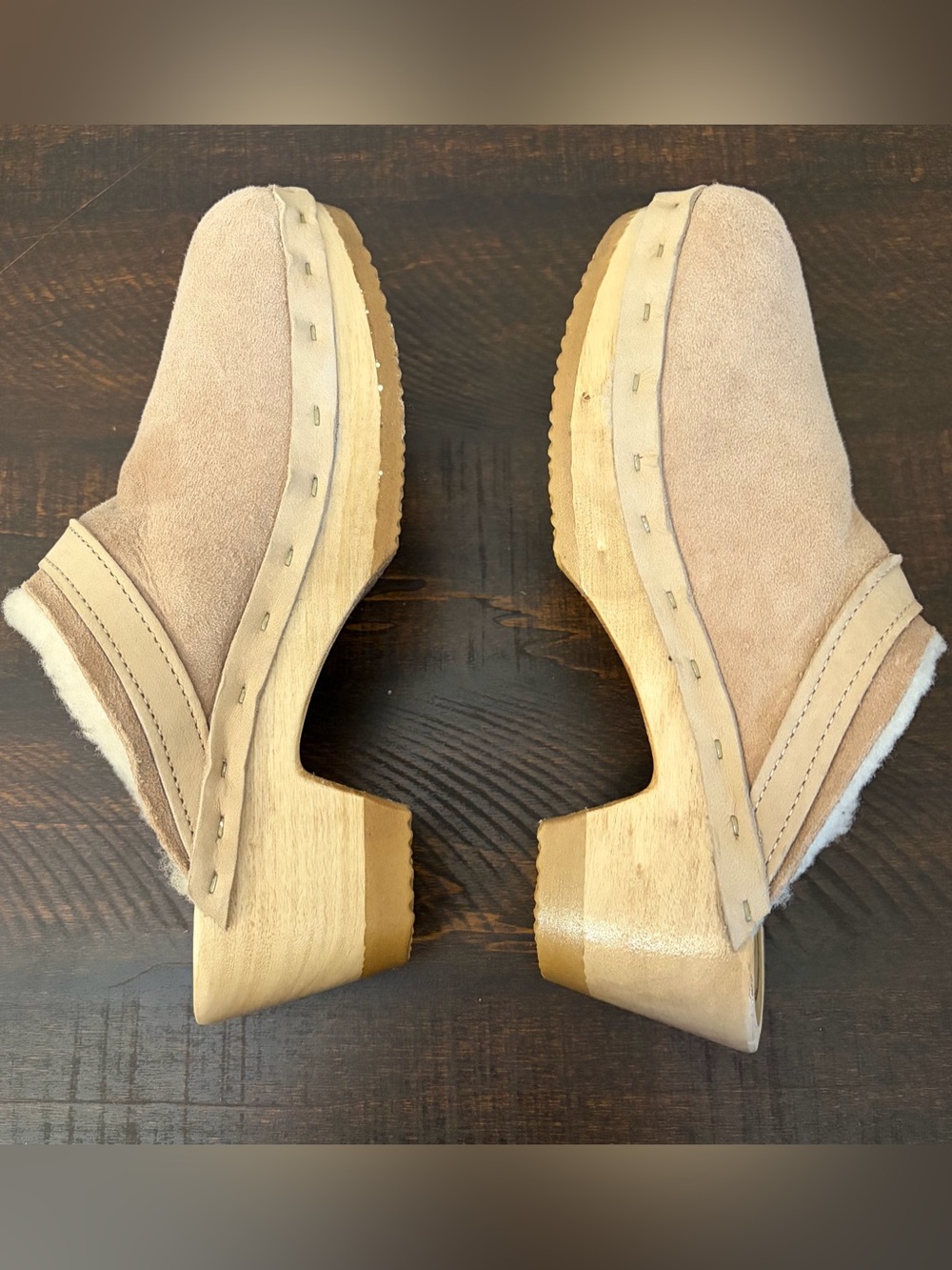 No. 6 Dakota Shearling Clogs Mid Heel Fawn Suede - Picture 10 of 13